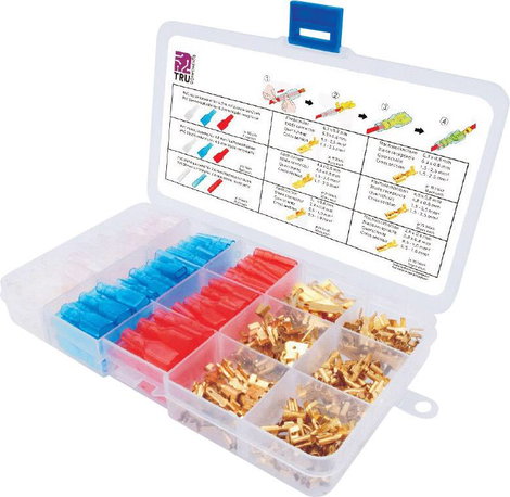 TRU COMPONENTS T1809C019 Laposérintkezős dugó szortiment Piros, Kék, Átlátszó, Sárgaréz 320 rész