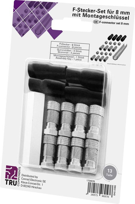 TRU COMPONENTS TC-6936304 F dugó törésgátlóval Csatlakozók: F csatlakozódugó Ø (kábel tartóval): 8 m
