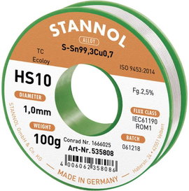 Forrasztóón, ólommentes Ólommentes, Tekercs Stannol HS10 2,5% 1,0MM SN99,3CU0,7 CD 100G SN99,3Cu0,7 