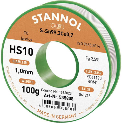 Forrasztóón, ólommentes Ólommentes, Tekercs Stannol HS10 2,5% 1,0MM SN99,3CU0,7 CD 100G SN99,3Cu0,7