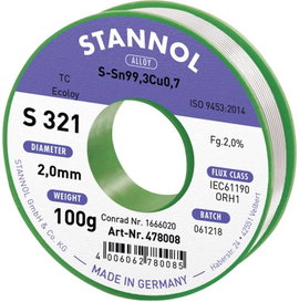 Stannol S321 2,0% 2,0MM SN99,3CU0,7 CD 100G Forrasztóón, ólommentes Ólommentes, Tekercs Sn99,3Cu0,7 