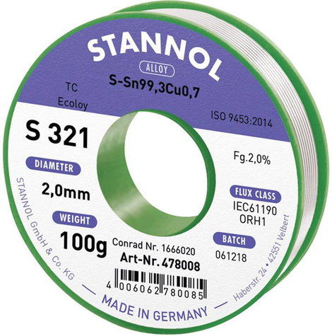 Stannol S321 2,0% 2,0MM SN99,3CU0,7 CD 100G Forrasztóón, ólommentes Ólommentes, Tekercs Sn99,3Cu0,7