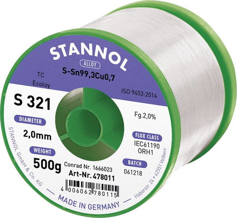 Stannol S321 2,0% 2,0MM SN99,3CU0,7CD 500G Forrasztóón, ólommentes Ólommentes, Tekercs Sn99,3Cu0,7 O
