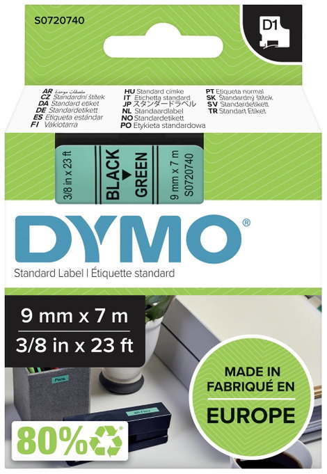 DYMO feliratozószalag D1, 9mm, zöld/fekete, S0720740