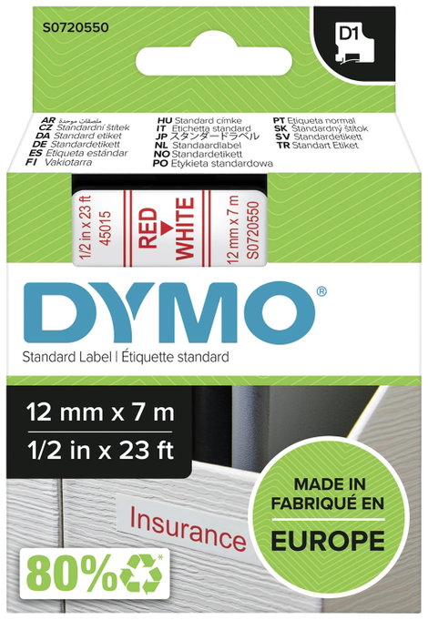 DYMO feliratozószalag D1, 12mm, fehér/piros, S0720550