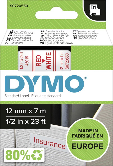 DYMO feliratozószalag D1, 12mm, fehér/piros, S0720550 3. kép