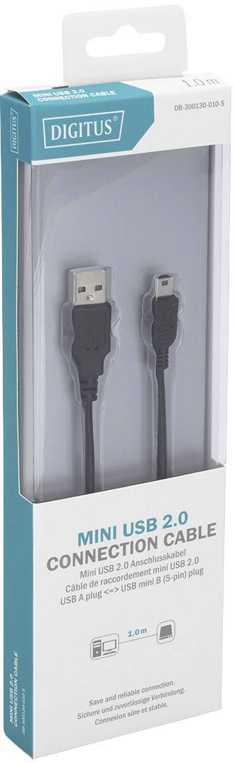 Digitus USB kábel USB 2.0 USB-A dugó, USB mini B dugó 1.00 m Fekete Kerek, Kettős árnyékolás DB-3001 2. kép