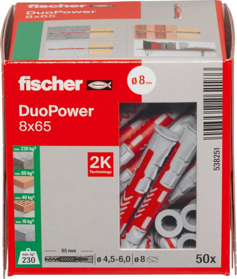 Fischer DUOPOWER 8x65 LD 2 komponensű tipli 65 mm 8 mm 538251 50 db 4. kép