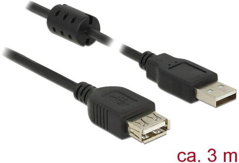 Delock USB kábel USB 2.0 USB-A dugó, USB-A alj 3.00 m Fekete Ferritmaggal 84886