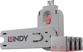 USB port blokkoló dugó, vakdugó, 4 db-os készlet, piros, kiszedő szerszámmal, Lindy 40450