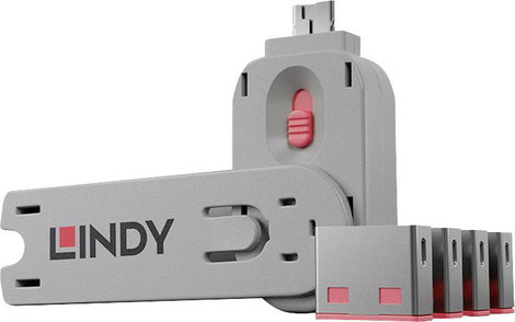 USB port blokkoló dugó, vakdugó, 4 db-os készlet, piros, kiszedő szerszámmal, Lindy 40450