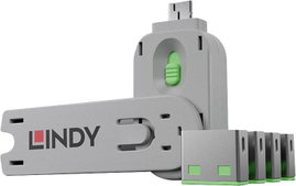 USB port blokkoló dugó, vakdugó, 4 db-os készlet, zöld, kiszedő szerszámmal, Lindy 40451