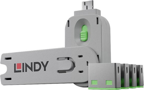 USB port blokkoló dugó, vakdugó, 4 db-os készlet, zöld, kiszedő szerszámmal, Lindy 40451