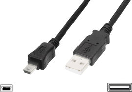 Digitus USB kábel USB 2.0 USB-A dugó, USB mini B dugó 1.00 m Fekete Kerek, Kettős árnyékolás AK-3001