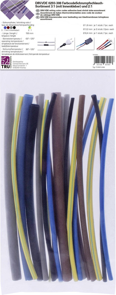 TRU COMPONENTS T1902CA044 Zsugorcső készlet Kék, Barna, Szürke, Zöld, Sárga, Fekete Zsugorodási arán 2. kép