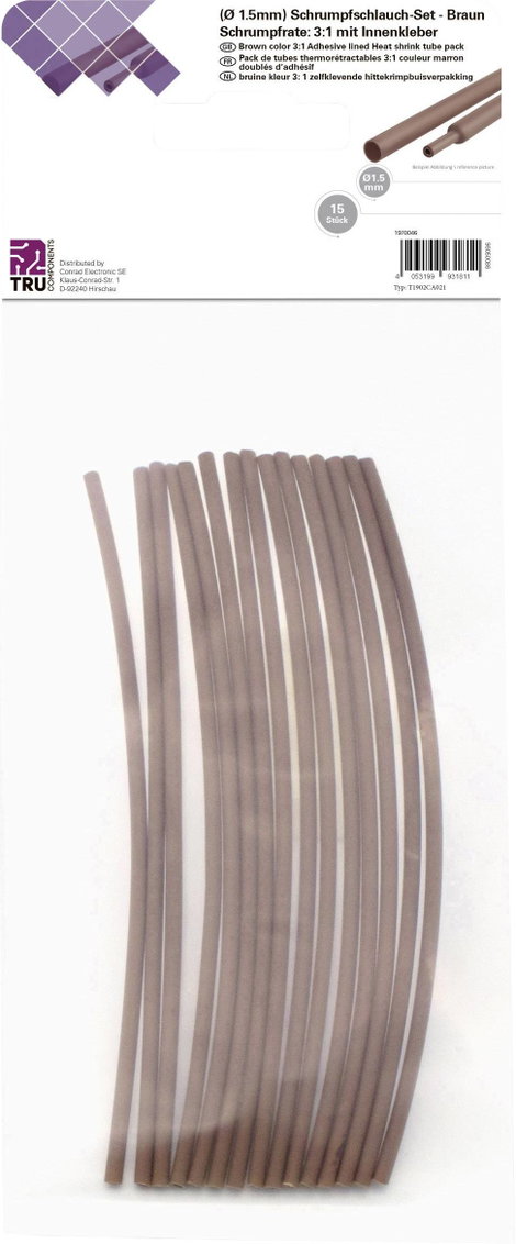 TRU COMPONENTS T1902CA021 Zsugorcső készlet Barna 1.50 mm 0.50 mm Zsugorodási arány:3:1 15 db