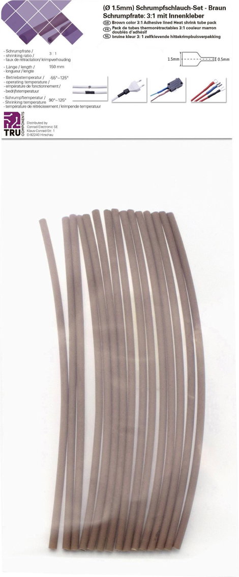 TRU COMPONENTS T1902CA021 Zsugorcső készlet Barna 1.50 mm 0.50 mm Zsugorodási arány:3:1 15 db 2. kép
