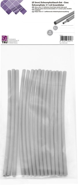TRU COMPONENTS T1902CA028 Zsugorcső készlet Szürke 3 mm 1 mm Zsugorodási arány:3:1 15 db