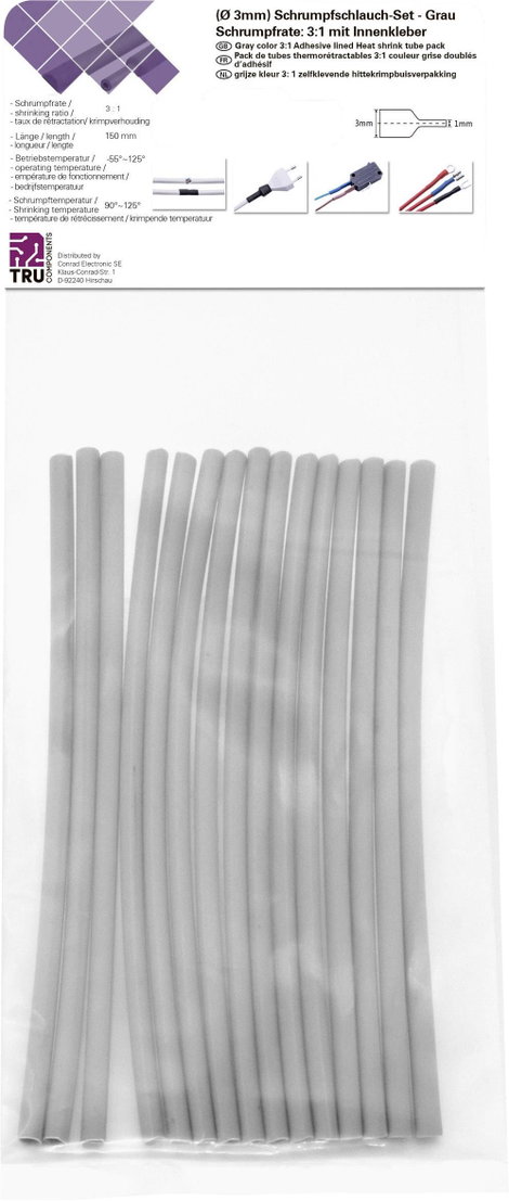 TRU COMPONENTS T1902CA028 Zsugorcső készlet Szürke 3 mm 1 mm Zsugorodási arány:3:1 15 db 2. kép
