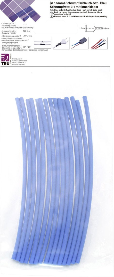 TRU COMPONENTS T1902CA020 Zsugorcső készlet Kék 1.50 mm 0.50 mm Zsugorodási arány:3:1 15 db 2. kép