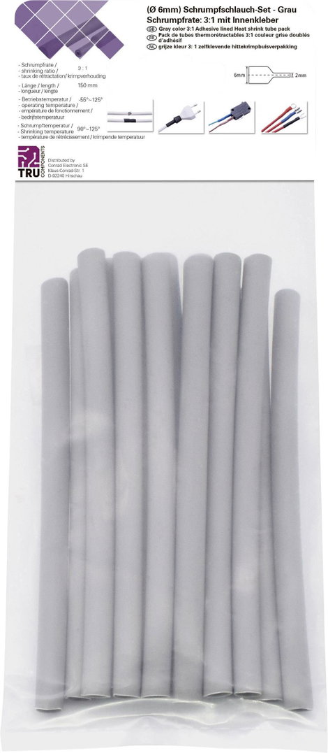 TRU COMPONENTS T1902CA035 Zsugorcső készlet Szürke 6 mm 2 mm Zsugorodási arány:3:1 15 db 2. kép