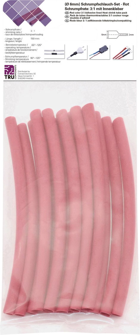 TRU COMPONENTS T1902CA036 Zsugorcső készlet Piros 6 mm 2 mm Zsugorodási arány:3:1 15 db 2. kép