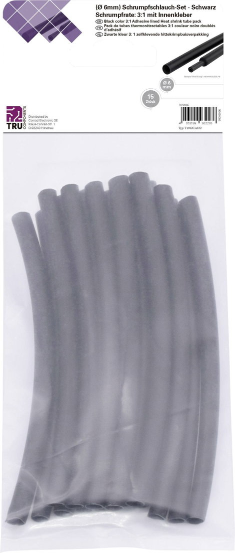 TRU COMPONENTS T1902CA032 Zsugorcső készlet Fekete 6 mm 2 mm Zsugorodási arány:3:1 15 db