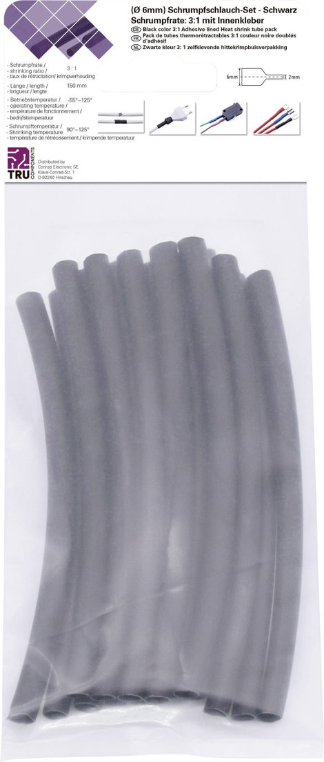 TRU COMPONENTS T1902CA032 Zsugorcső készlet Fekete 6 mm 2 mm Zsugorodási arány:3:1 15 db 2. kép