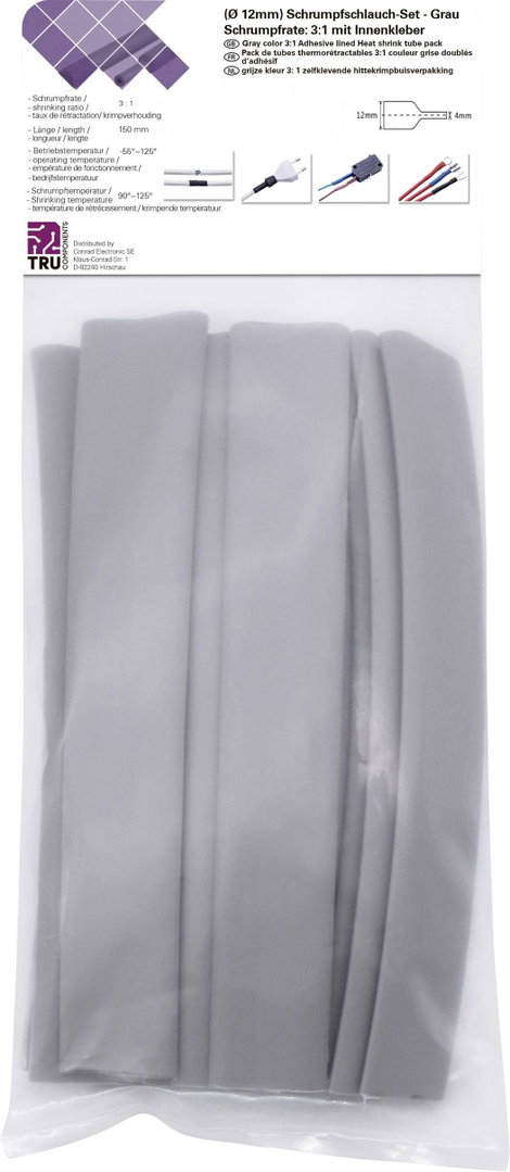 TRU COMPONENTS T1902CA040 Zsugorcső készlet Szürke 12 mm 4 mm Zsugorodási arány:3:1 15 db 2. kép