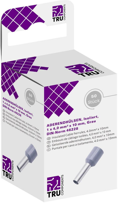 TRU COMPONENTS T1904C056 Érvéghüvely 4 mm² Részlegesen szigetelt Szürke 50 db