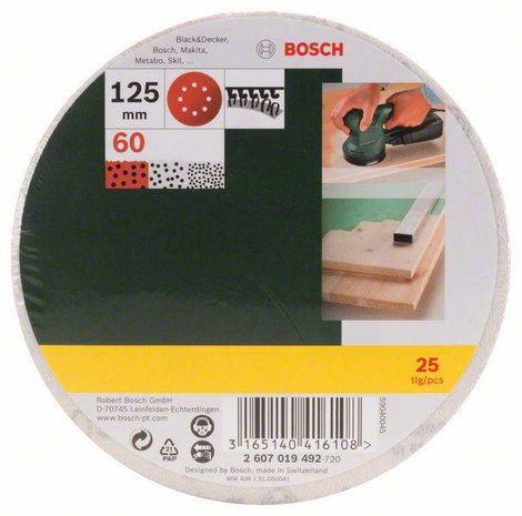 Bosch Accessories 2607019492 Excenter csiszolópapír Tépőzárral, Lyukas Szemcsézet (num) 60 (Ø) 125 m 2. kép
