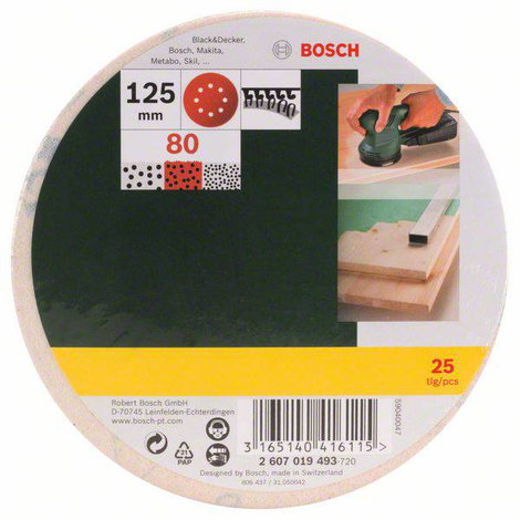 Bosch Accessories 2607019493 Excenter csiszolópapír Tépőzárral, Lyukas Szemcsézet (num) 80 (Ø) 125 m 2. kép