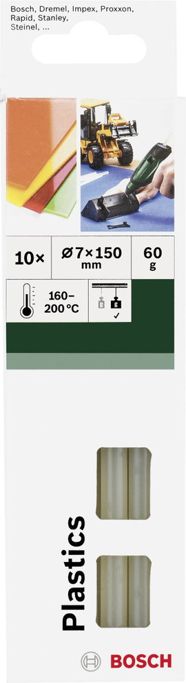 Bosch Accessories Plastics Ragasztópisztoly rúd 7 mm 150 mm Átlátszó 60 g 10 db