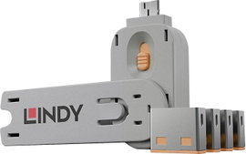 USB port blokkoló dugó, vakdugó, 4 db-os készlet, narancs, kiszedő szerszámmal, Lindy 40453