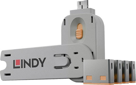USB port blokkoló dugó, vakdugó, 4 db-os készlet, narancs, kiszedő szerszámmal, Lindy 40453