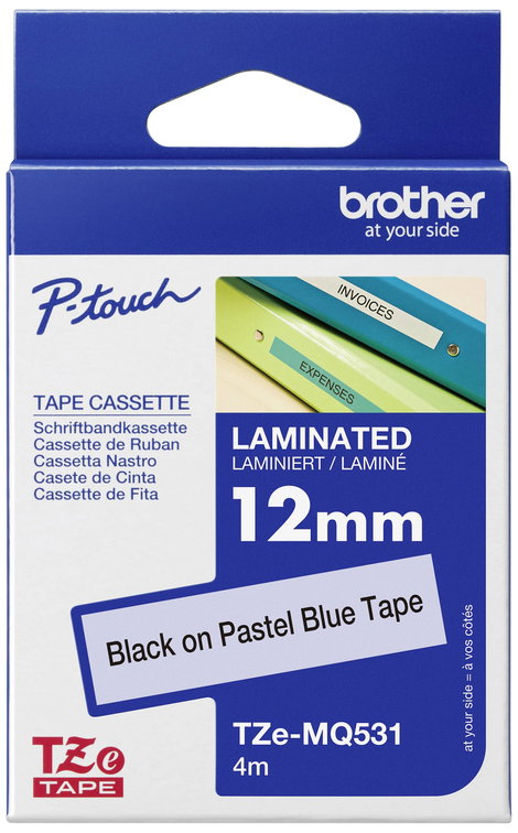 Brother TZe-MQ531 Feliratozó szalag, pasztel Szalagszín: Pasztellkék Szövegszín: Fekete 12 mm 4 m