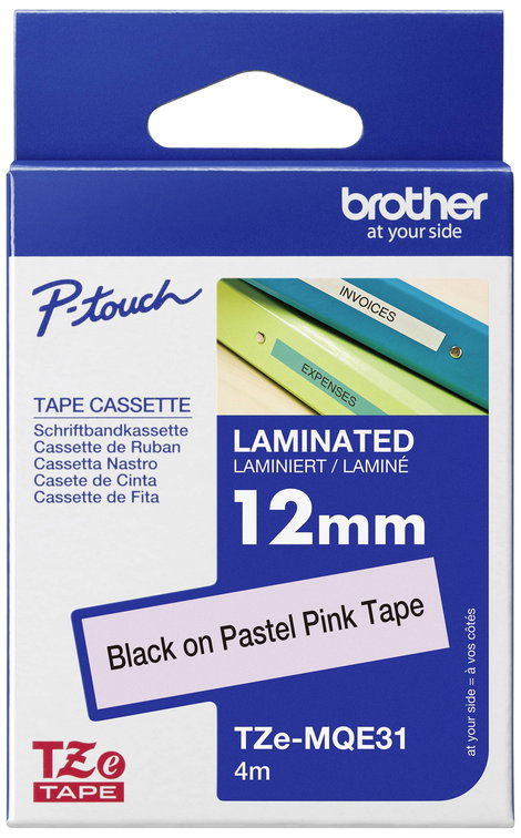Brother TZe-MQE31 Feliratozó szalag, pasztel Szalagszín: Pasztell rózsa Szövegszín: Fekete 12 mm 4 m