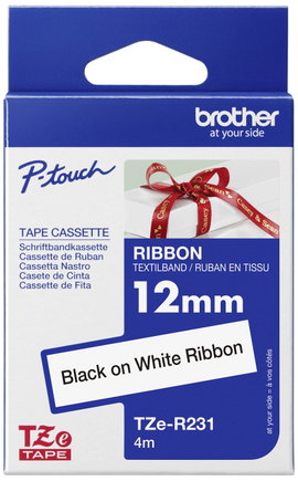 Brother TZe-R231 Feliratozó szalag, textil, nem laminált Szalagszín: Fehér Szövegszín: Fekete 12 mm 