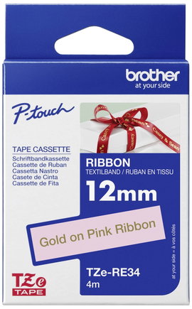 Brother TZe-RE34 Feliratozó szalag, textil, nem laminált Szalagszín: Rózsa Szövegszín: Arany 12 mm 4