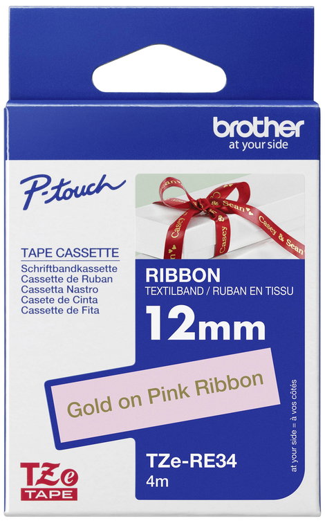 Brother TZe-RE34 Feliratozó szalag, textil, nem laminált Szalagszín: Rózsa Szövegszín: Arany 12 mm 4
