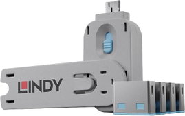 USB port blokkoló dugó, vakdugó, 4 db-os készlet, kék, kiszedő szerszámmal, Lindy 40452