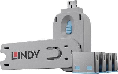 USB port blokkoló dugó, vakdugó, 4 db-os készlet, kék, kiszedő szerszámmal, Lindy 40452