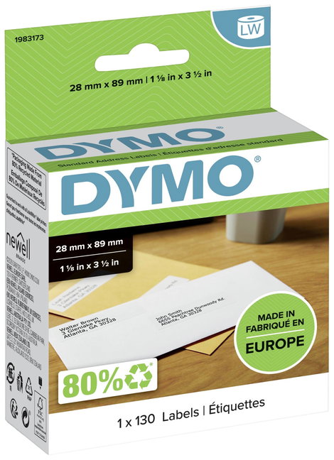 DYMO Etikett tekercs 1983173 1983173 89 x 28 mm Papír Fehér 130 db Véglegesen tapadó Cím etikett