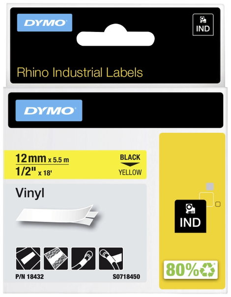 DYMO 18432 Feliratozó szalag Vinyl Szalagszín: Sárga Szövegszín: Fekete 12 mm 5.5 m 2. kép