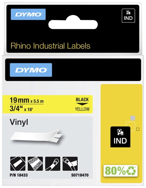 DYMO 18433 Feliratozó szalag Vinyl Szalagszín: Sárga Szövegszín: Fekete 19 mm 5.5 m 2. kép