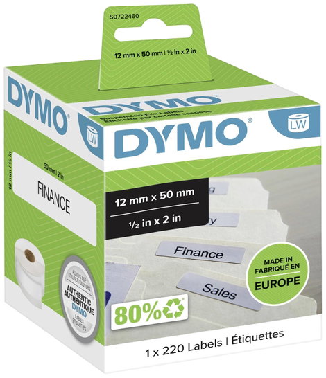 DYMO Etikett tekercs 99017 S0722460 50 x 12 mm Papír Fehér 220 db Véglegesen tapadó Függő regiszter