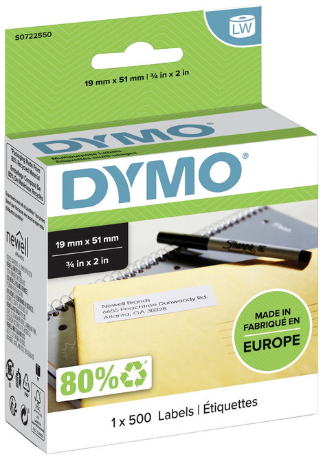 DYMO Etikett tekercs 11355 S0722550 19 x 51 mm Papír Fehér 500 db Véglegesen tapadó Univerzális etik