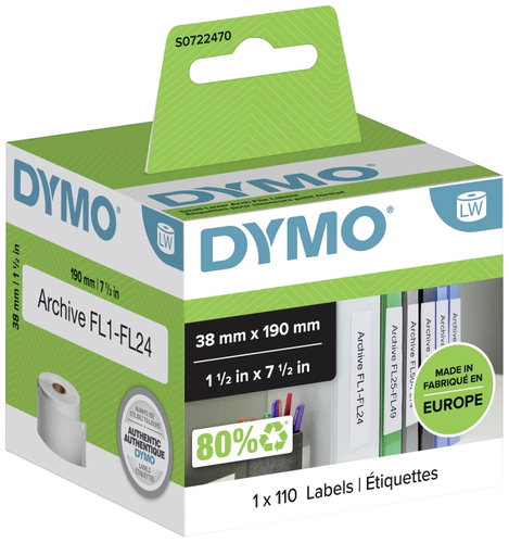 DYMO Etikett tekercs 99018 S0722470 38 x 190 mm Papír Fehér 110 db Véglegesen tapadó Mappa etikett