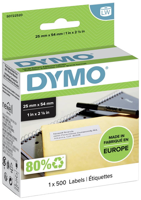 DYMO Etikett tekercs 11352 S0722520 54 x 25 mm Papír Fehér 500 db Véglegesen tapadó Univerzális etik