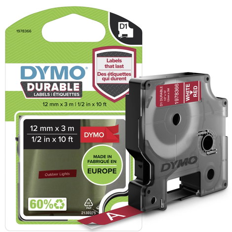 DYMO 1978366 Feliratozó szalag Vinyl Szalagszín: Piros Szövegszín: Fehér 12 mm 3 m